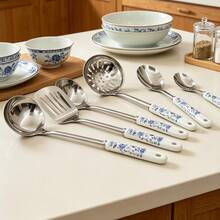 1/6pcs Blue Floral Print Ceramic Handle Stainless Steel Kitchen Utensil Set - Includes Spatula, Soup Ladle, Strainer, Rice Scoop, Noodle Spoon And Turner - Easy To Clean, Easy To Store, Kitchen Tools And Gadgets Set - Multicolor - View 5