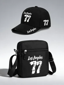 1件/2件裝「Los Angeles 77」圖案印花中性街頭時尚戶外運動棒球帽與斜挎包，可調節，適合送給自己或朋友的禮物 - 彩色 - 查看 1