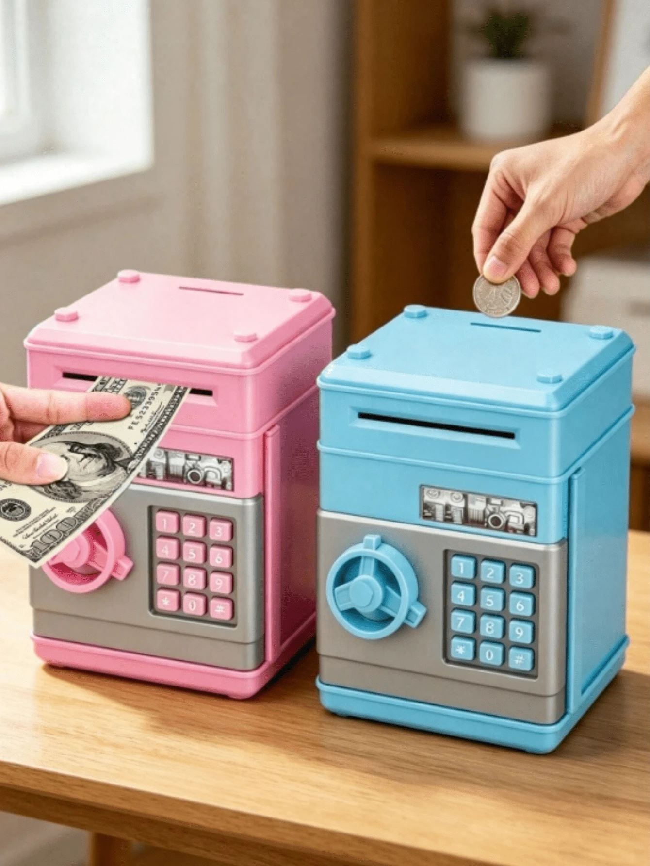 Pink ATM Piggy Bank, Coin Storage Box, ATM Shaped Piggy Bank, Unique Design, Mini ATM Savings Box Gift, Fashion Piggy Bank, Large Capacity Savings Jar, Gift, Affordable Wallet, Money Box, Coin Box, Financial Tool, Bill Counter, Home Decor, Holiday, Summer Vacation, Party, Birthday Gift, Valentine's Day Gift (Pressing Cannot Input Password) - Multicolor - View 1