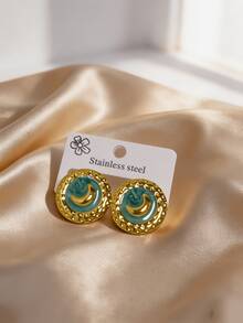 Vintage Moon Enamel Stud Earrings, Gold Hammered Round Stainless Steel Stud Earrings, Minimalist Elegant Fashion Personalized Versatile Design Earrings Suitable For Women Holiday And Daily Wear - Multicolor - View 8