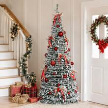 6FT/7FT Foldable Pop-Up Christmas Tree, Flocked Green Xmas Tree With Red Ornaments & Ribbon Bows, Quick Assembly Collapsible Holiday Tree With Stand For Living Room, Office, Store, Christmas Party & Winter Decor - Multicolor - View 2