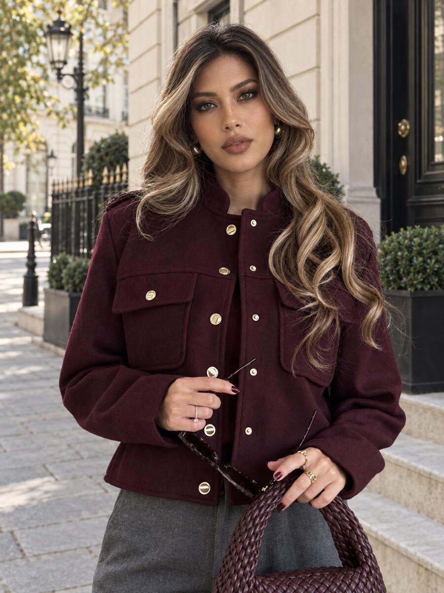 TRAFZA Women's Wool-Feel Fabric Metal Button Jacket, Casual Elegant Solid Color Top Fall