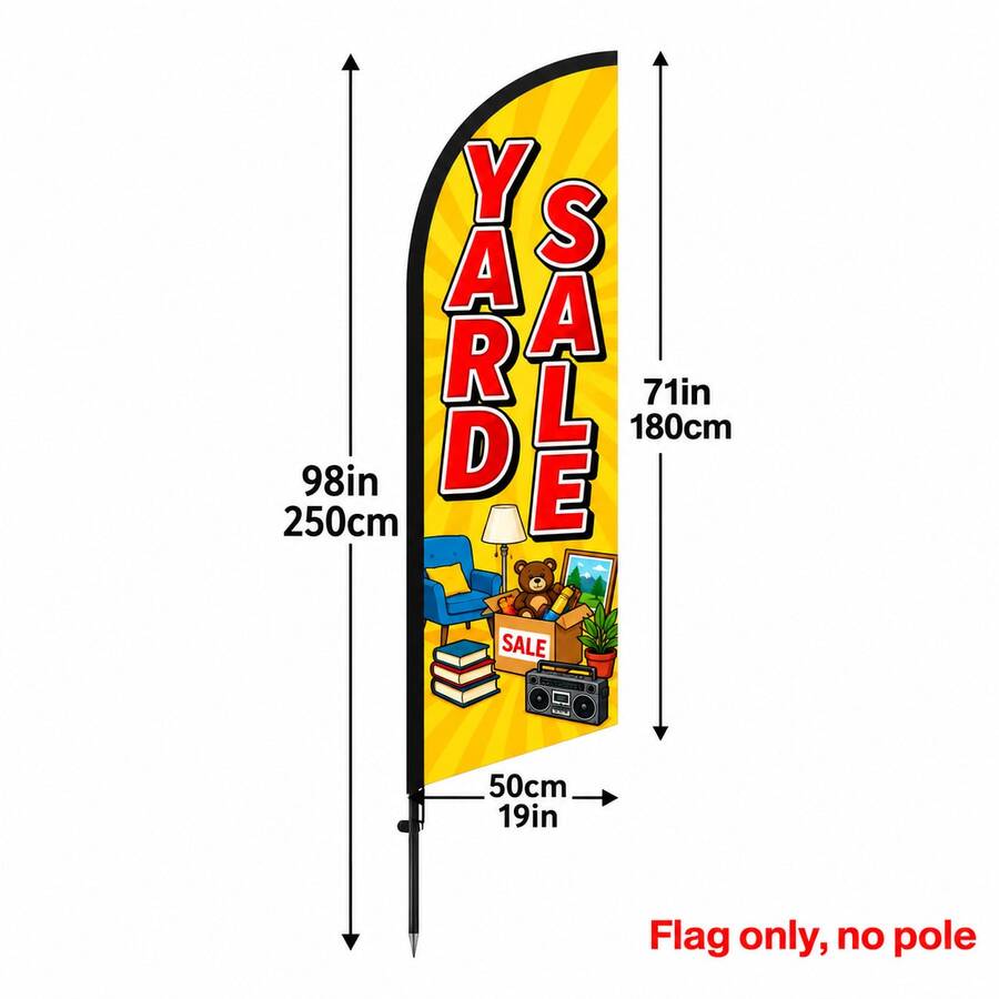 1件 YARD 庭院羽毛旗 橫幅裝飾旗 店鋪招牌 海灘旗 6.5英尺廣告旗 黃色放射狀背景配紅色3D大字 家具、玩具、書籍、收音機與元素設計 適用於庭院、車庫、二手商品促銷、社區市集與戶外展示 耐候耐褪色輕量布料 高能見度 單旗不含地樁 - A - 查看 1