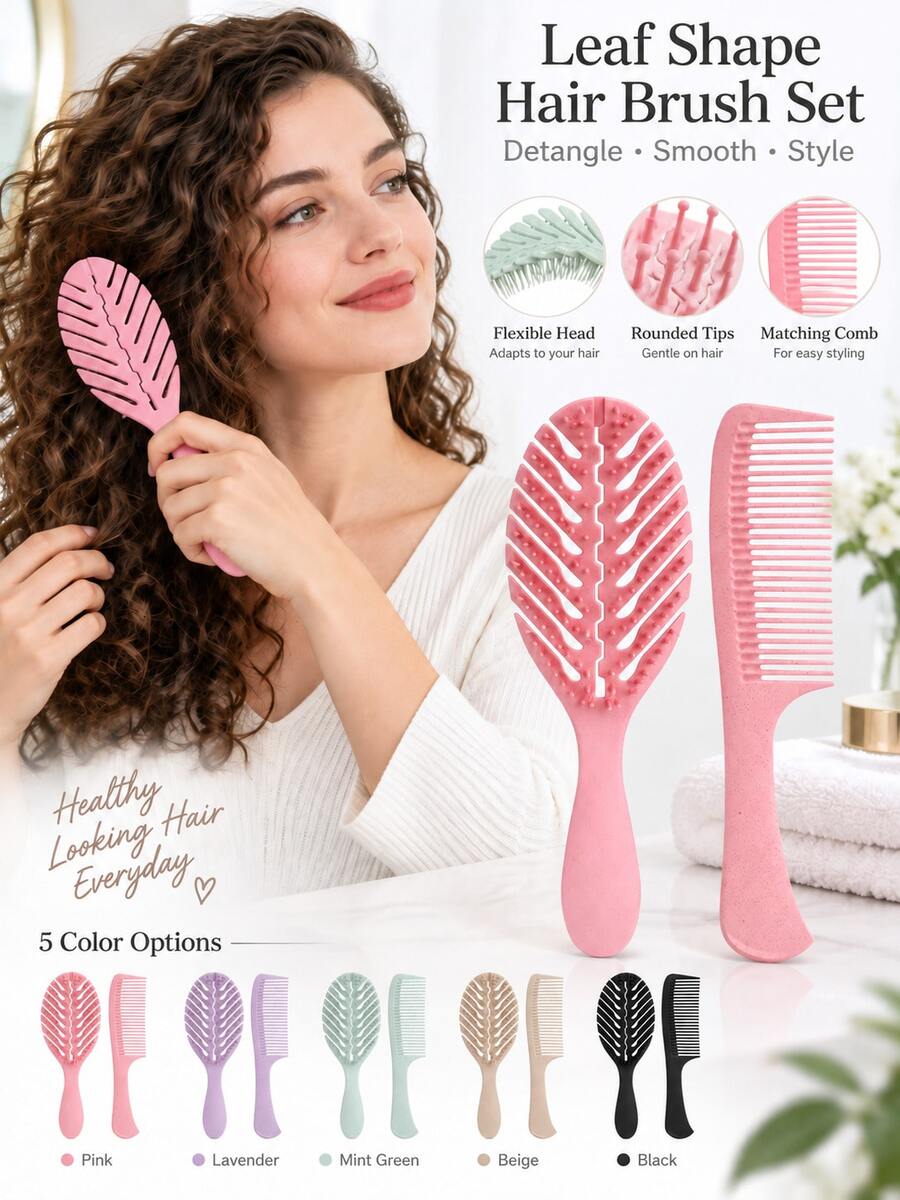 Set Sisir Rambut Fleksibel Berlubang Bentuk Daun untuk Mengurai dan Menata Rambut, dengan Pin Bulat & Sisir Gigi Lebar yang Serasi untuk Rambut Keriting Bergelombang Tebal, Penghalus Harian, Pembagi Rambut, Penataan Rambut Basah dan Kering, Penggunaan di Rumah dan Perjalanan, Pilihan Multiwarna - Mengatur - View 1