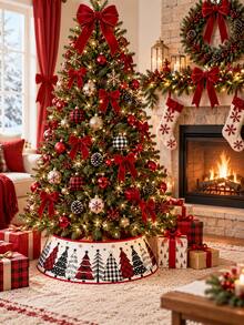 23.62 Inch Black & Red Christmas Tree Collar, Modern Christmas Tree Base Cover, Plaid Pine Tree Pattern, Minimalist Christmas Tree Skirt Alternative, Suitable For Holiday Parties, Living Room, Fireplace And Farmhouse Home Decor - Christmas Tree - View 6