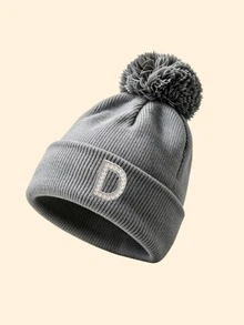 1pc Women's Pom‑Pom Decor Cuff Ribbed Knit Beanie Hat, A-Z Letter Applique Detail, Soft Warm Fall‑Winter Headwear, Fashion Fall Outfit Essential - Grey - View 20