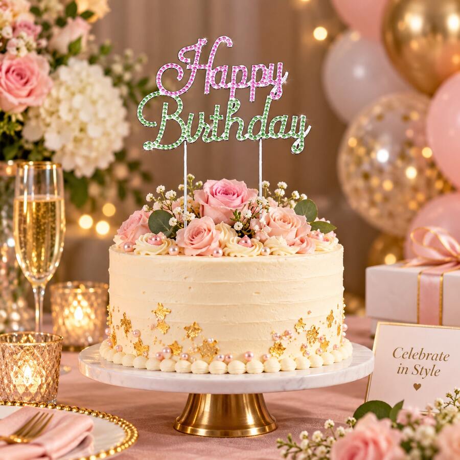 Sparkling Rhinestone Birthday Cake Topper, Elegant Crystal Style Cake Decoration Plugin, Suitable For Birthday Party Dessert Decoration, Creating A High-End Sparkling Celebration Atmosphere - Style a - View 1