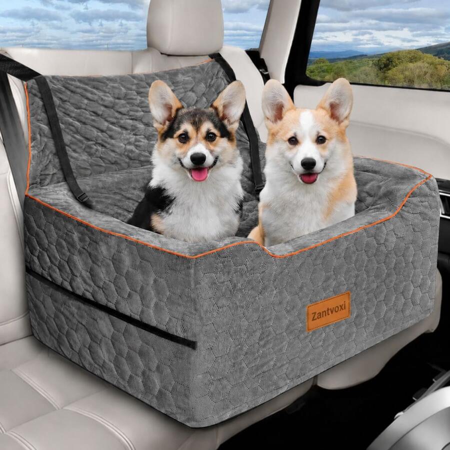 Double Dog Car Seat, Suitable For Two Pets, Comfortable Elevated Seat, Equipped With Dual Safety Belts, Washable & Non-Slip, Fits Small/Medium Dogs - Orange Black - View 1