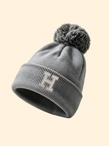 1pc Women's Pom‑Pom Decor Cuff Ribbed Knit Beanie Hat, A-Z Letter Applique Detail, Soft Warm Fall‑Winter Headwear, Fashion Fall Outfit Essential - Grey - View 6