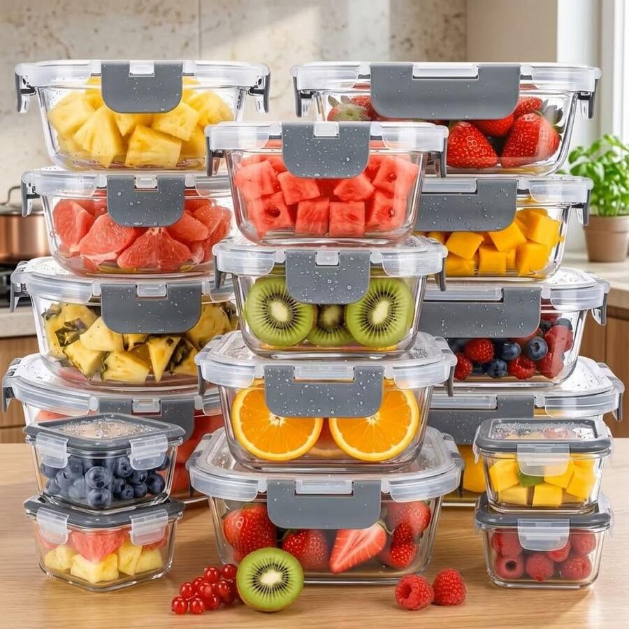 32 - teiliges Glasspeicherset für Lebensmittel (16 Glasschalen + 16 Deckel) mit verbesserten Rastdichtdeckeln – luftdichte Lunchbox, geeignet für Mikrowelle/Ofen/Kühlschrank/Geschirrspüler (Grau)