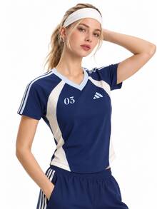 Adidas Summer Jersey-Style Breathable Women's Crew Neck Short Sleeve T-Shirt - Blue and White - View 2