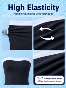 HOTTIE HABIT Traje de baño de una pieza sin tirantes con bloques de color negro & blanco para mujer, diseño de corte alto, adecuado para vacaciones de verano en playa & piscina - Blanco y Negro - Ver 8
