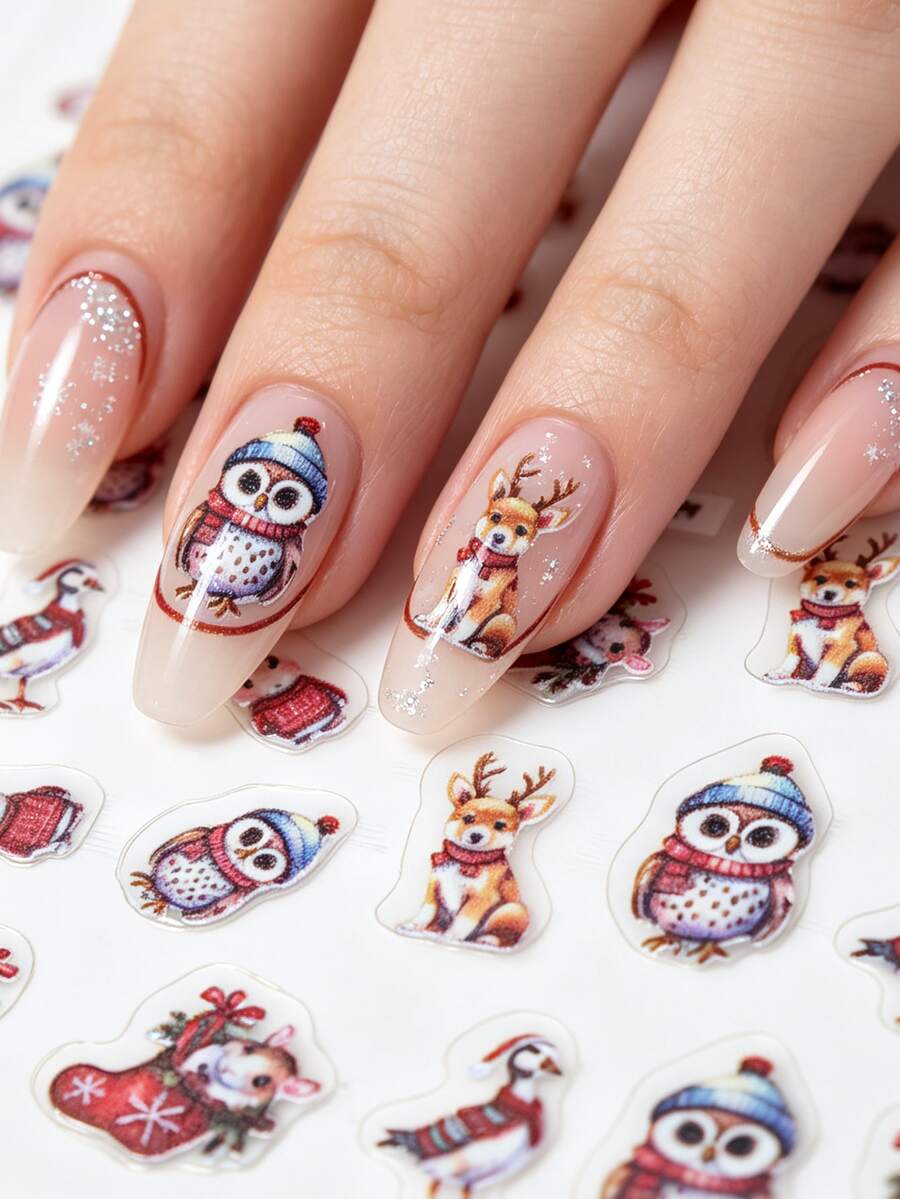 1pc Vintage Watercolor Forest Animal Christmas Stocking Nail Stickers, Christmas Theme, Shiny Surface, Asymmetrical Shape, Cute Style, Suitable For Holiday Parties - Multicolor - View 1