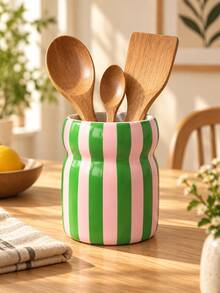 1pc Colorful Striped Utensil Holder, Large Glossy Kitchen Countertop Utensil Crock, Decorative Cooking Tool Storage Jar, Multi‑Color Choice, Perfect Housewarming Kitchen Gift - Waist-cinching Striped Storage - View 7