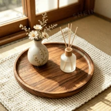 Vintage Round Wooden Tray, Home Dining Plate, Bedroom Jewelry Storage, Japanese Style Desktop Decor Tray, Suitable For Living Room - Brown - View 3