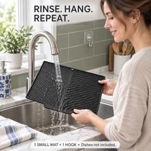 1 Set Small Silicone Dish Drying Mat With Adhesive Hook, 37 X 26 Cm, Flexible Kitchen Countertop Draining Tray With Drainage Hole, Compact Kitchen Hanging Storage, Black Or Gray, 1 Mat + 1 Hook Set - Multicolor - View 2