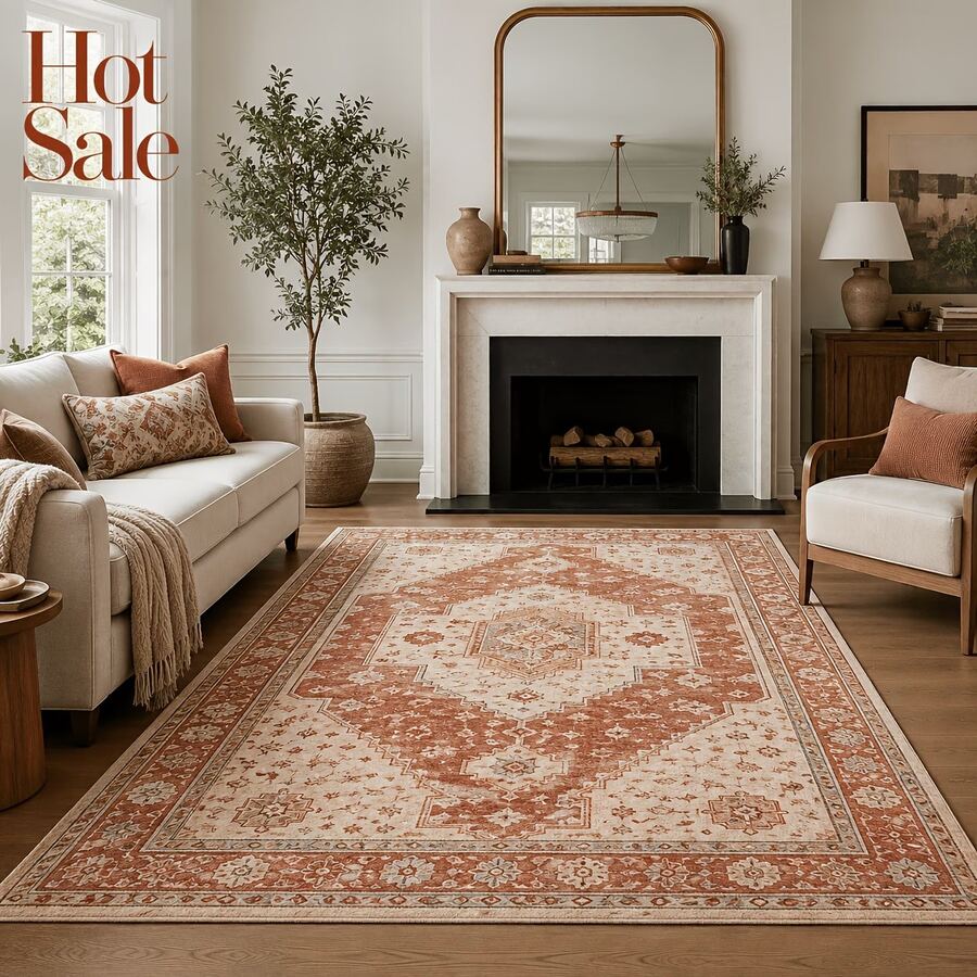 1pc Rectangular Vintage Clay Badge Pattern Oriental Style Carpet, Retro Bohemian Warm Tone Floor Rug, Soft Skin-Friendly Fabric With Non-Slip Backing, Durable And Easy To Clean, Suitable For Living Room, Bedroom, Dining Room, Entryway, Perfect For Daily Rustic Farmhouse Home Decor - Multicolor - View 1