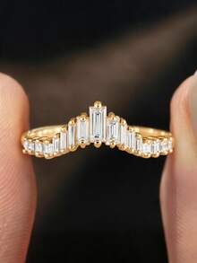 1PC Gold Luxury White Gemstone Ring, Crown Baguette V‑Curve Stackable Ring, Ladies' Exquisite Holiday Party Gift - Yellow Gold - View 3