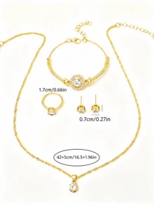 5pcs Elegant Heart Zirconia Jewelry Set, Twisted Chain Necklace, Stud Earrings & Open Ring Combination - Gold - View 3