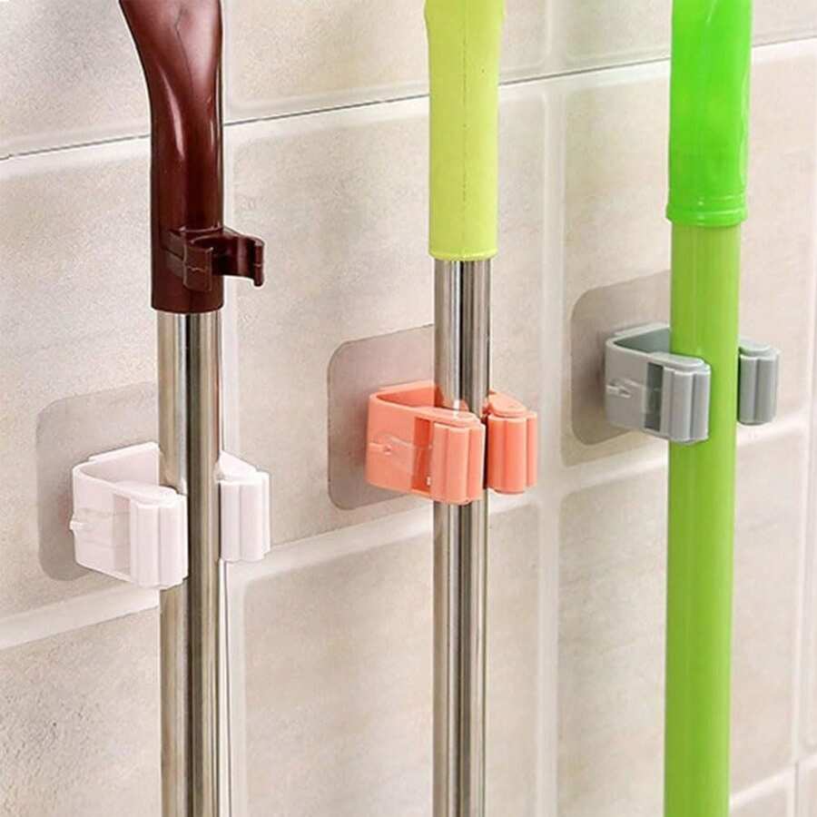 1/4/8pcs Hanging Mop Storage Rack With Lock, Bathroom Drill-Free Mop Holder Hook Bracket, Plastic Broom Storage Rack, Bedroom, Garden, Bathroom, Home, Dormitory Space-Saving Storage Organizer - Multicolor - View 1