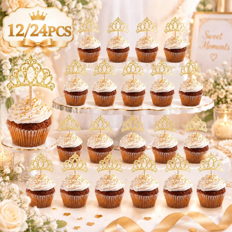 12/24pcs Gold Princess Crown Cupcake Toppers Cake Picks For Birthday Baby Shower Party Decorations - Multicolor - View 1