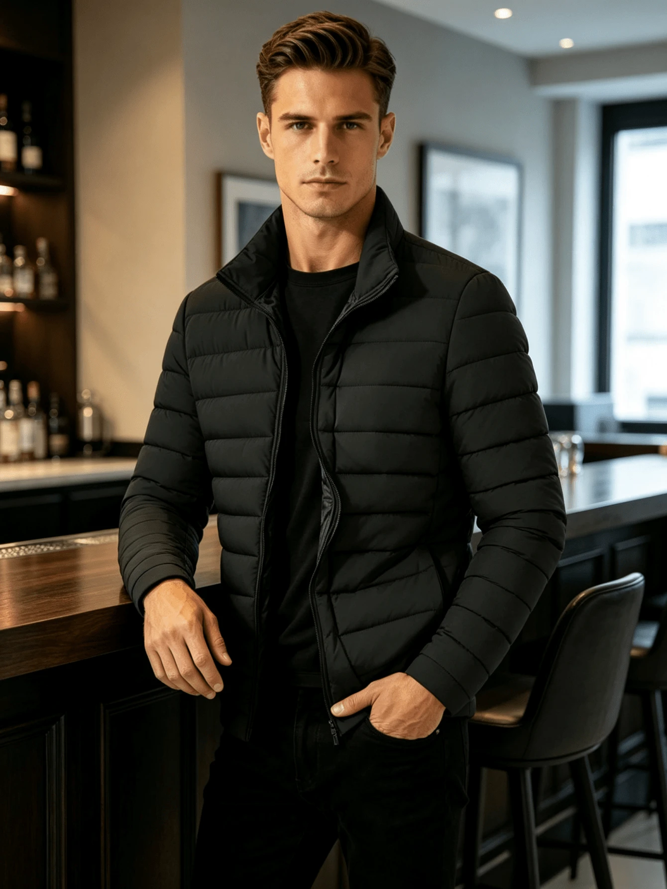 Men's Lightweight Long Sleeve Coat, Elegant And Warm, Suitable For Autumn/Winter, Fashionable And Minimalist, Perfect For Casual Walks - Black - View 1