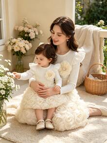 2pcs Baby Girl Sweet Spring/Autumn Set, Flutter Sleeve Ribbed Long Sleeve Top With 3D Rose Skirt, Princess Style Thin - Apricot - View 2