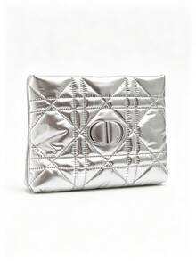 Dior Silver Quilted Diamond Pattern Makeup Bag, Metallic Glossy Finish, CD Logo Zipper Storage Pouch, Large Capacity Portable Skincare Clutch, Luxury Gift - Silver - View 7