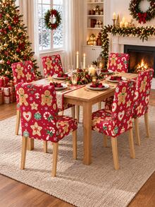 Christmas Dining Chair Set Red Gingerbread Man Candy Cane Cookie Snowflake Print Chair Covers Restaurant Kitchen Christmas Party Home Decor - Red - View 6
