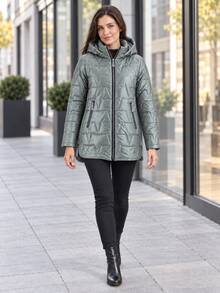 Women's Hooded Triangle Quilted Cotton Jacket With Drawstring Zip Front Stand Collar Padded Coat - Army Green - View 4