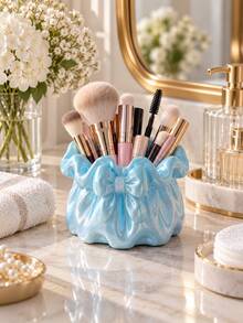 1pc Ruffle Bow Makeup Brush Holder, Cute Macaron Color Cosmetic Organizer Cup, Suitable For Vanity Tabletop, Can Store Makeup Brushes, Lipsticks, Eyeliner Pencils And Beauty Tools, Bedroom Bathroom Countertop Storage, Vanity Room Decor, Gift For Women And Girls - Multicolor - View 4