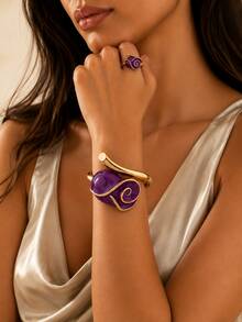 Letingsha Gold-Plated Purple Enamel Rose-Shaped Open Bangle And Adjustable Open Ring Set, Luxury Floral Design Jewelry, Suitable For Women To Wear, Applicable For Weddings, Banquets, Daily Parties And Other Occasions - Purple - View 2