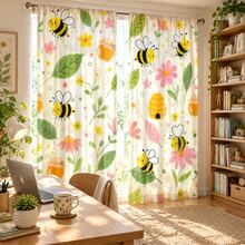 2pcs Cute Cartoon Bee & Floral Pattern Semi-Sheer Bedroom Curtains, 90GSM Polyester Semi-Transparent Privacy Protection, Cute Style Living Room Curtains, Kitchen Curtains, Suitable For Home, Room, Kitchen Dividers Or Decoration, Rod Pocket Design Easy Installation, Quick Dry, Water-Resistant, Fade-Resistant, Lightweight Removable Washable Curtains - Multicolor - View 10