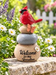 1pc Cardinal Bird Welcome Garden Statue, Charming Red Bird Perched On Stacked Stones With Butterfly Decor, Rustic Outdoor Yard, Patio, Porch, Lawn, Flower Bed And Garden Path Decoration - New - View 2
