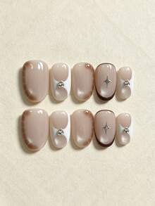 10pcs Handmade Press-On Nails, Mocha Brown Earth Tone Cat Eye False Nail Tips, Short Oval Reverse French Manicure, Rhinestone Star Decor Autumn Winter Vibes, Reusable Glue Nails, Elegant Daily Wedding Festival Manicure For Women - Multicolor - View 3