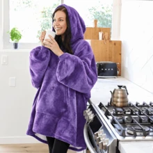 1pc Oversized Solid Color Plus Size Hoodie Sweatshirt Couple Thickened Warm Fleece Hooded Outerwear Pajamas Loungewear - Multicolor - View 2
