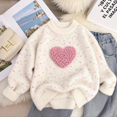 Sweater Anak Perempuan Motif Hati 3D, Pullover Rajut Bintik-bintik Lengan Panjang Leher Bulat, Jumper Anak Perempuan Remaja yang Lucu dan Hangat untuk Musim Gugur dan Musim Dingin