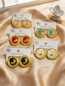 Vintage Moon Enamel Stud Earrings, Gold Hammered Round Stainless Steel Stud Earrings, Minimalist Elegant Fashion Personalized Versatile Design Earrings Suitable For Women Holiday And Daily Wear - Multicolor - View 11