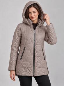 Women's Hooded Triangle Quilted Cotton Jacket With Drawstring Zip Front Stand Collar Padded Coat - Camel - View 3