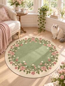 1pc Vintage Floral Round Rug, Romantic Rose Wreath Print Velvet Short Pile Area Carpet, Soft Round Floor Mat, Suitable For Bedroom Living Room Entryway, Elegant Country Style Home Decor, Cozy Aesthetic Room Arrangement - Multicolor - View 4