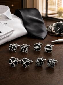 4 Pairs Men's Classic Cufflinks Set, Silver Black Gold Metal Shirt Cufflinks, Suitable For Wedding Business Party Formal Suit Accessories - Black - View 2