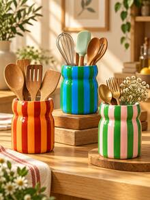 1pc Colorful Striped Utensil Holder, Large Glossy Kitchen Countertop Utensil Crock, Decorative Cooking Tool Storage Jar, Multi‑Color Choice, Perfect Housewarming Kitchen Gift - Waist-cinching Striped Storage - View 9