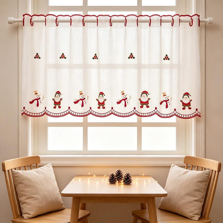1pc Christmas Winter Snowman & Santa Claus Embroidered Curtain Valance, Kitchen Bedroom Window Decor, Rod Pocket Polyester Material, Holiday Decoration - Multicolor - View 1