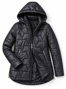 Women's Hooded Triangle Quilted Cotton Jacket With Drawstring Zip Front Stand Collar Padded Coat - Black - View 7