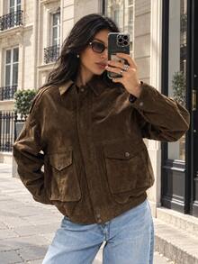 TRAFZA Women's Regular Faux Suede Zip-Up Loose Casual Jacket, Spring Brown - Brown - View 2