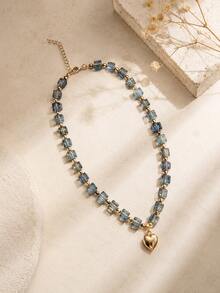 Hegaze 1pc Vintage Blue Sugar Cube Crystal Necklace For Women, Atmospheric Gold Heart Pendant Collarbone Chain - Transparent Blue - View 5