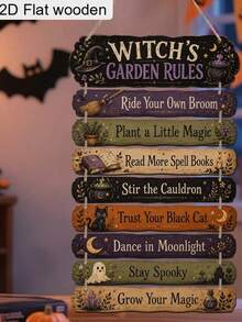 2D Flat Style, 9-Piece Set Vintage Country Style Wooden Hanging Signs - Witch's Garden Rules Sign, Includes Witch, Cauldron And Spell Decorations, Made Of Artificial Wood Material, Suitable For Outdoor Porch, Yard, Garden Housewarming Gift - Halloween Decoration, 2D Flat Style - Multicolor - View 6