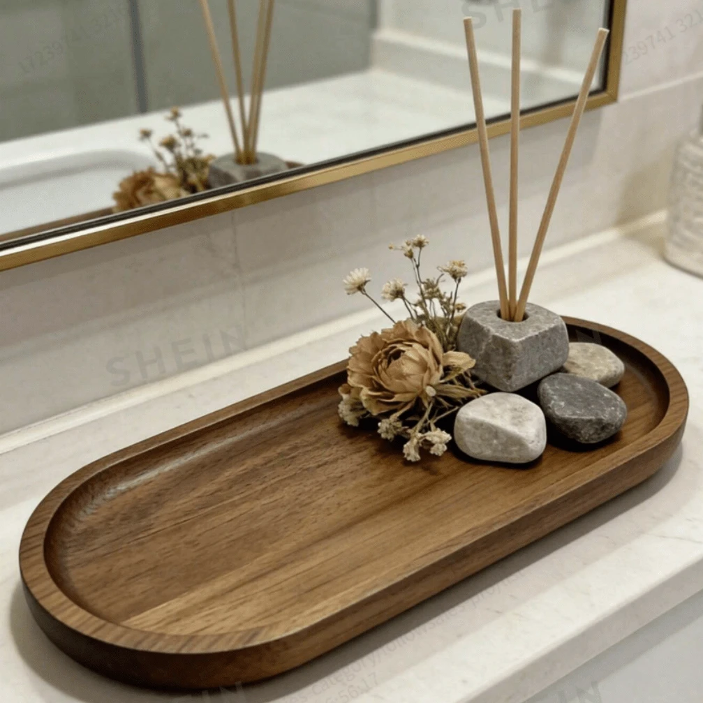 Fashionable Decorative Wooden Tray, Cosmetic Storage Tray, Perfume Holder Tray, Decorative Tray, Multi-Purpose Tray, Home Decor, Bathroom Decor, Room Decor, Suitable For Restaurant, Home, Room, Living Room, Bathroom, Meeting The Needs Of Various Users. - Brown - View 1