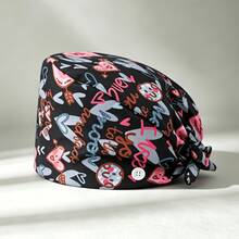 1pc Women's Heart Print Tie-Up Work Hat, Side Button Design Adjustable Headwrap Cap, Breathable Dust-Proof Beauty Salon Kitchen Protective Cap - Love Style - View 12
