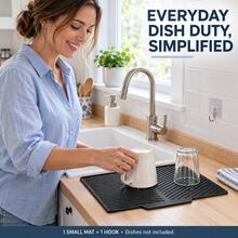 1 Set Small Silicone Draining Mat With Adhesive Hook, 37 X 26 Cm, Flexible Kitchen Countertop Draining Tray With Drain Hole, Compact Kitchen Hanging Storage, Black Or Gray, 1 Mat + 1 Hook Set - Multicolor - View 6